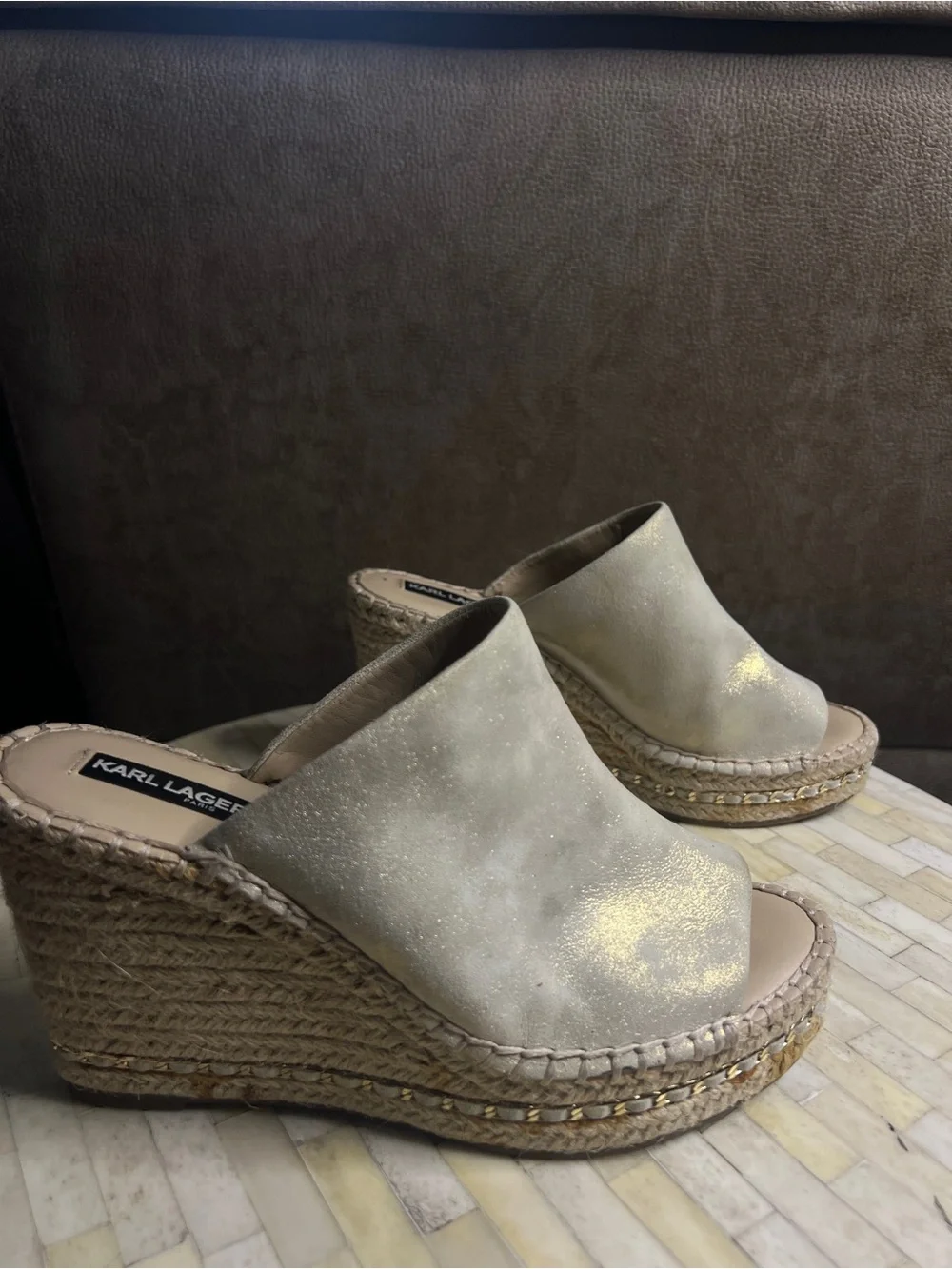 Karl Lagerfeld Light Beige Espadrille Wedge Mules - Picture 3 of 9